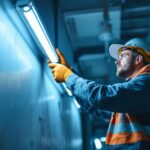 A photograph of a lighting contractor carefully replacing a fluorescent tube light in a commercial setting