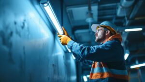 A photograph of a lighting contractor carefully replacing a fluorescent tube light in a commercial setting