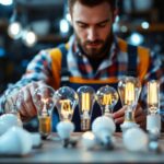 A photograph of a well-organized display of various types of light bulbs