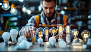 A photograph of a well-organized display of various types of light bulbs