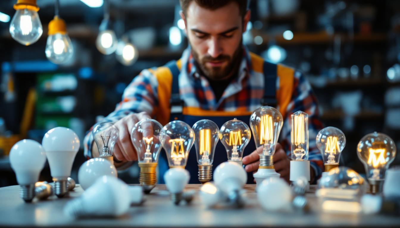 A photograph of a well-organized display of various types of light bulbs