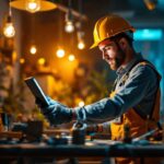 A photograph of a skilled lighting contractor at work