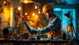 A photograph of a skilled lighting contractor at work