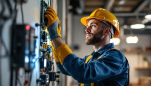 A photograph of a lighting contractor in action