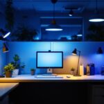 A photograph of a well-lit cubicle workspace that highlights various lighting options