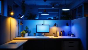A photograph of a well-lit cubicle workspace that highlights various lighting options