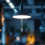 A photograph of a modern led light fixture with a pull chain