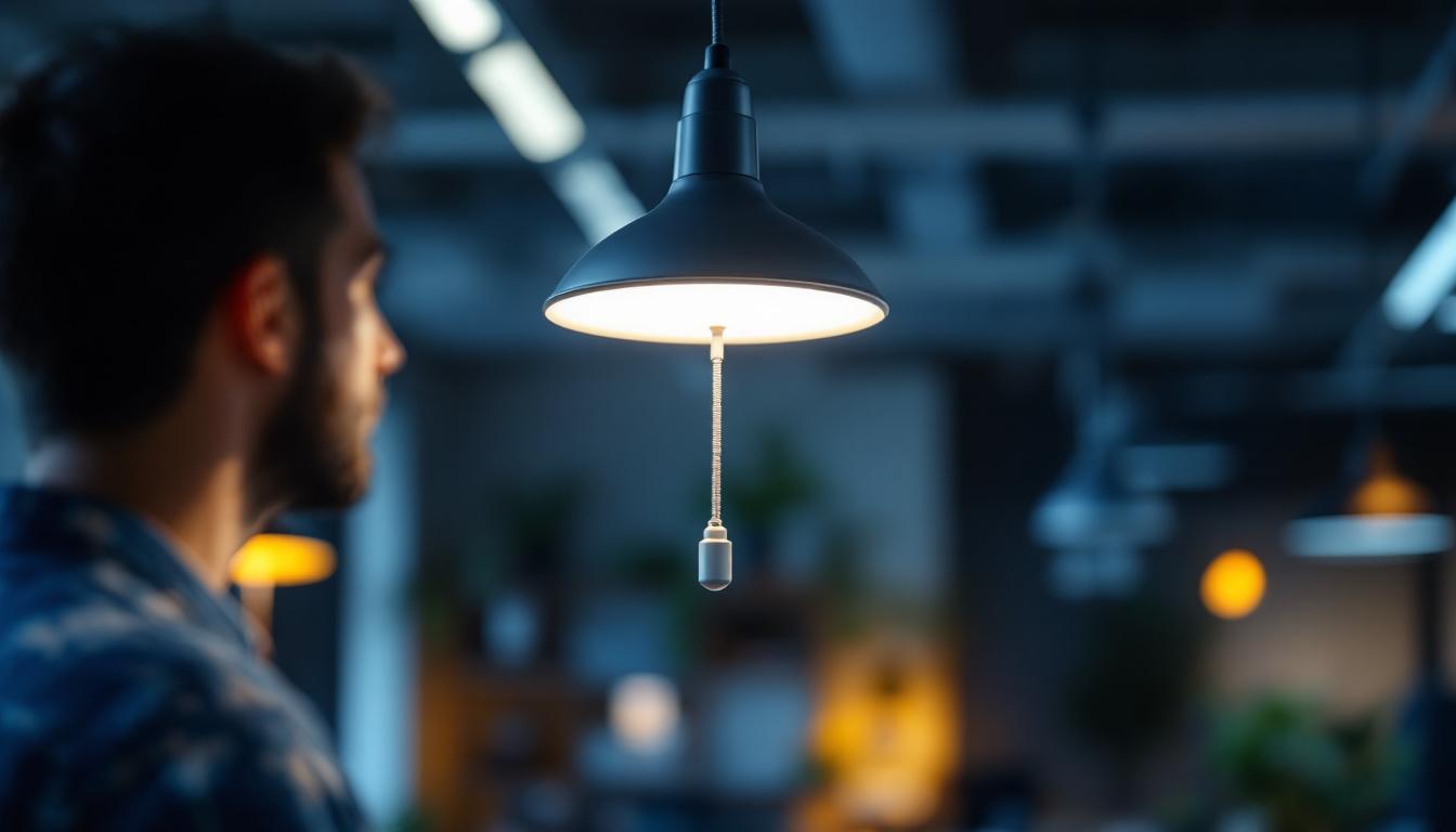 A photograph of a modern led light fixture with a pull chain