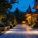 A photograph of a well-lit outdoor area showcasing various 12-volt led light fixtures installed in a safe and inviting environment