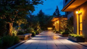 A photograph of a well-lit outdoor area showcasing various 12-volt led light fixtures installed in a safe and inviting environment