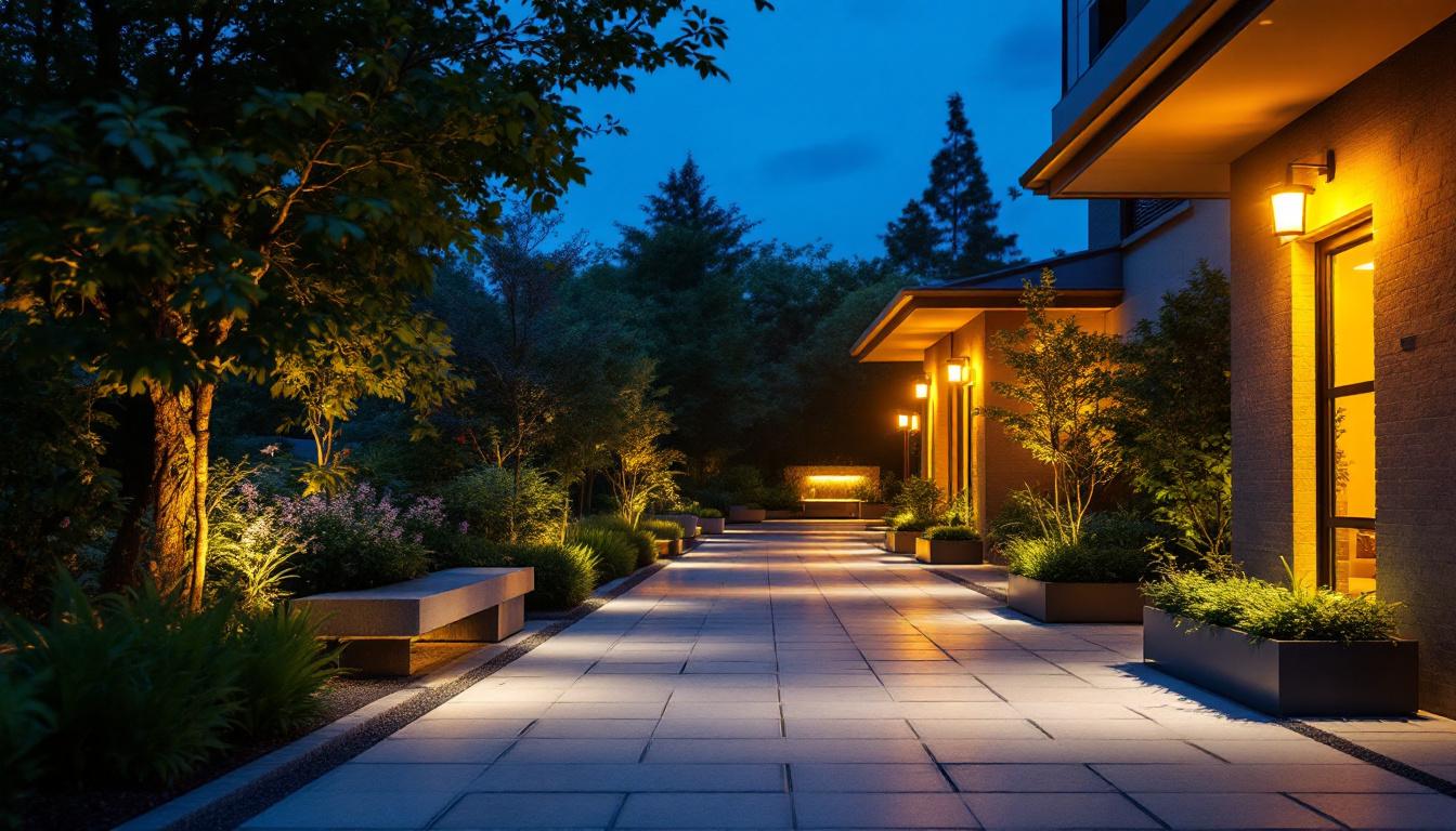 A photograph of a well-lit outdoor area showcasing various 12-volt led light fixtures installed in a safe and inviting environment