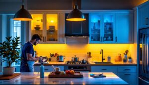 A photograph of a stylish kitchen featuring various under-cabinet lighting options