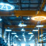 A photograph of a well-lit industrial space featuring led high bay ufo lights in action