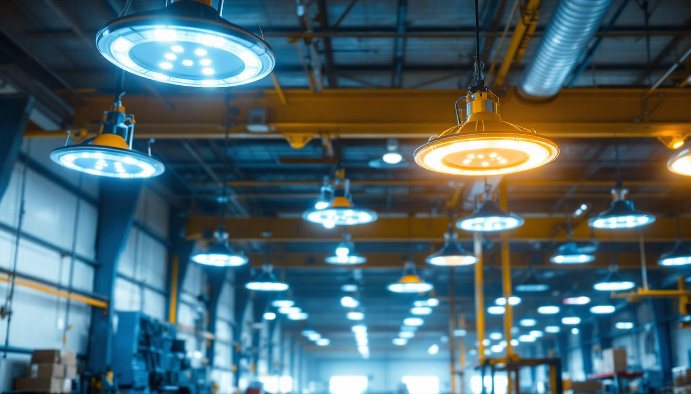 A photograph of a well-lit industrial space featuring led high bay ufo lights in action