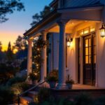 A photograph of a beautifully lit porch showcasing a variety of stylish light fixtures in use during twilight
