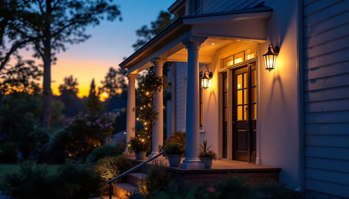A photograph of a beautifully lit porch showcasing a variety of stylish light fixtures in use during twilight