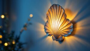 A photograph of a beautifully designed seashell wall sconce illuminated in a cozy interior setting