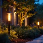 A photograph of a beautifully illuminated outdoor space featuring post led solar lights in action