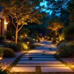 A photograph of a beautifully lit backyard scene at dusk