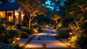 A photograph of a beautifully lit backyard scene at dusk