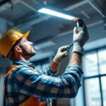 A photograph of a professional lighting contractor installing a sleek