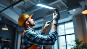 A photograph of a professional lighting contractor installing a sleek