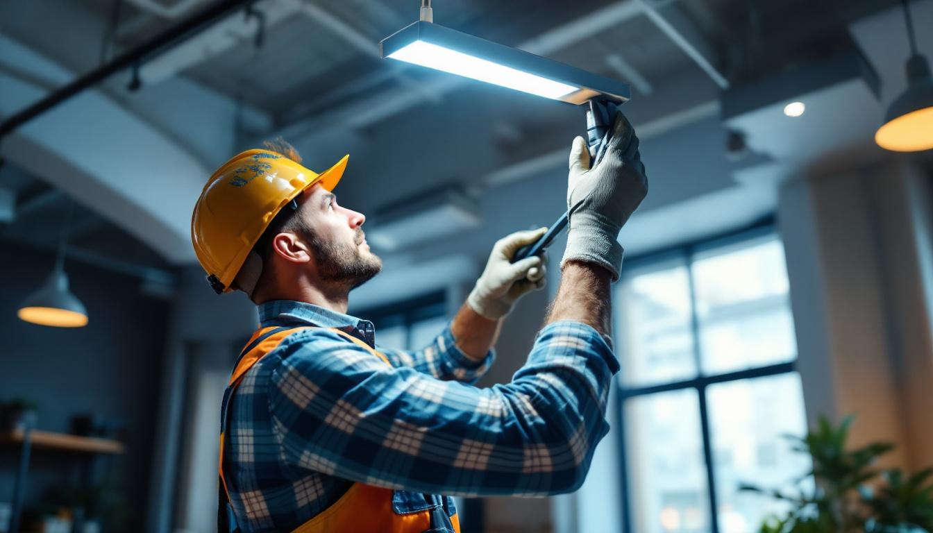 A photograph of a professional lighting contractor installing a sleek