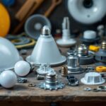 A photograph of a well-organized assortment of ceiling fan light kit parts