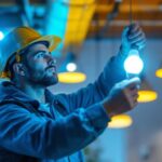 A photograph of a skilled lighting contractor installing short led bulbs in a modern