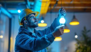 A photograph of a skilled lighting contractor installing short led bulbs in a modern