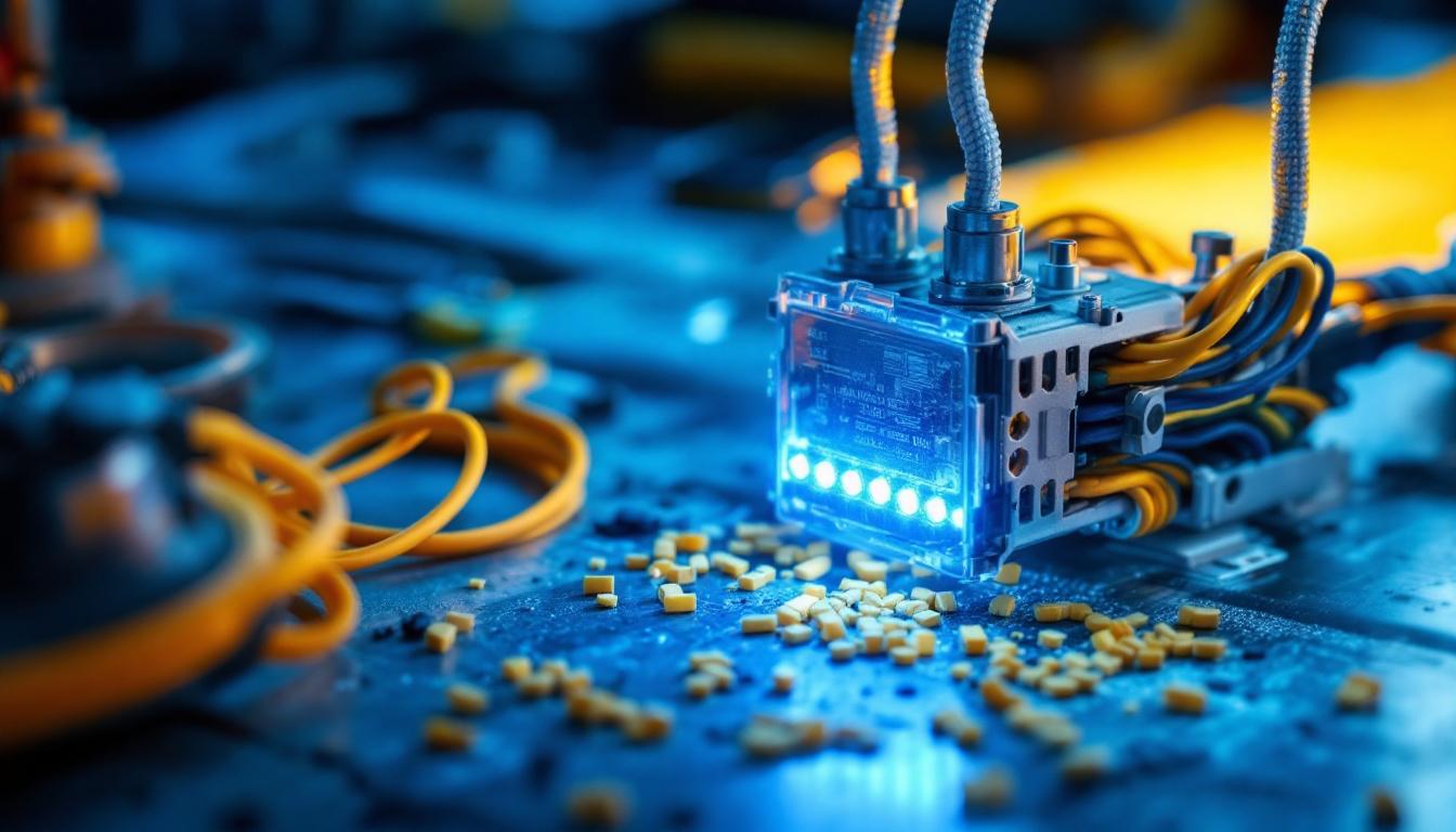 A photograph of a close-up view of a fluorescent ballast and its wiring connections