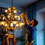 A photograph of a beautifully designed chandelier being installed in a modern interior space