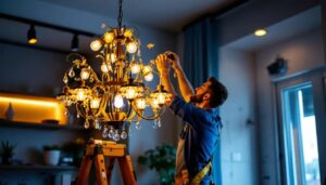 A photograph of a beautifully designed chandelier being installed in a modern interior space