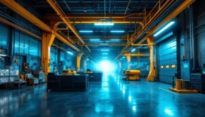 A photograph of a well-lit industrial workspace showcasing class 1 division 2 lighting fixtures in action