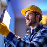 A photograph of a skilled lighting contractor installing cfl flood light bulbs in a residential or commercial setting