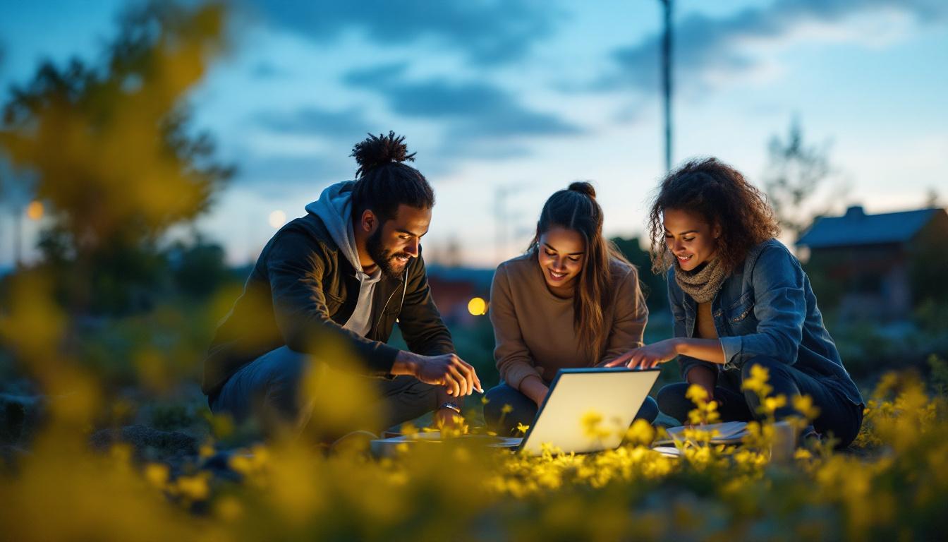 A photograph of a diverse team of professionals collaborating outdoors