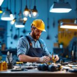 A photograph of a skilled lighting contractor at work