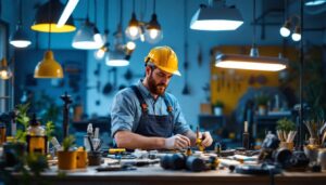 A photograph of a skilled lighting contractor at work
