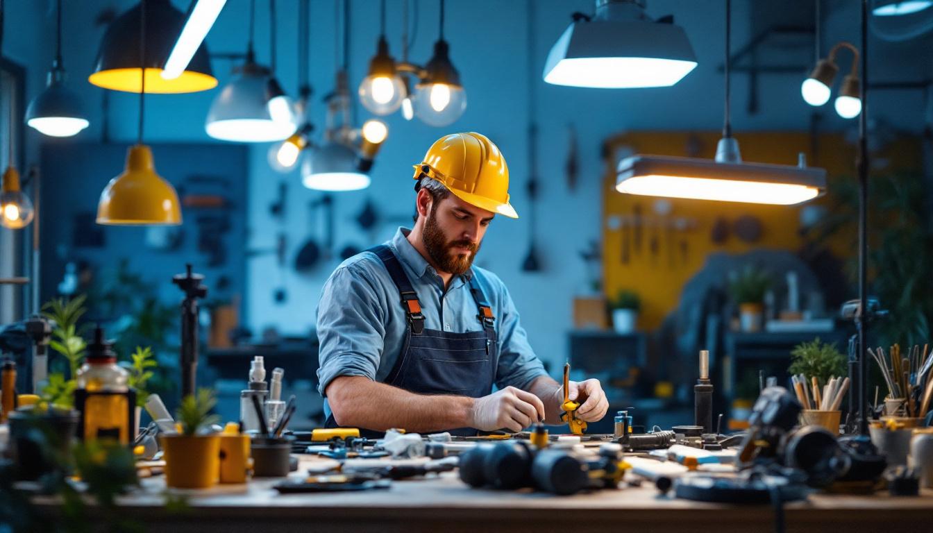 A photograph of a skilled lighting contractor at work