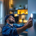 A photograph of a lighting contractor installing or adjusting a modern led light sensor in a residential or commercial setting