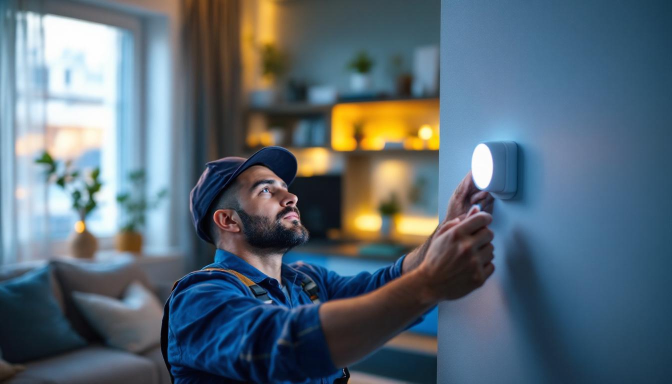 A photograph of a lighting contractor installing or adjusting a modern led light sensor in a residential or commercial setting
