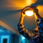 A photograph of a lighting contractor installing an energy-efficient porch light fixture on a ceiling