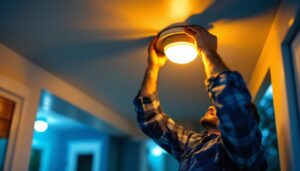 A photograph of a lighting contractor installing an energy-efficient porch light fixture on a ceiling