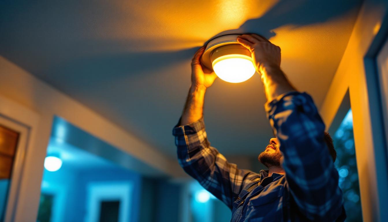 A photograph of a lighting contractor installing an energy-efficient porch light fixture on a ceiling
