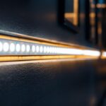 A photograph of a close-up shot of flat led tape lighting installed in a stylish interior setting