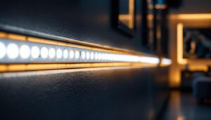 A photograph of a close-up shot of flat led tape lighting installed in a stylish interior setting