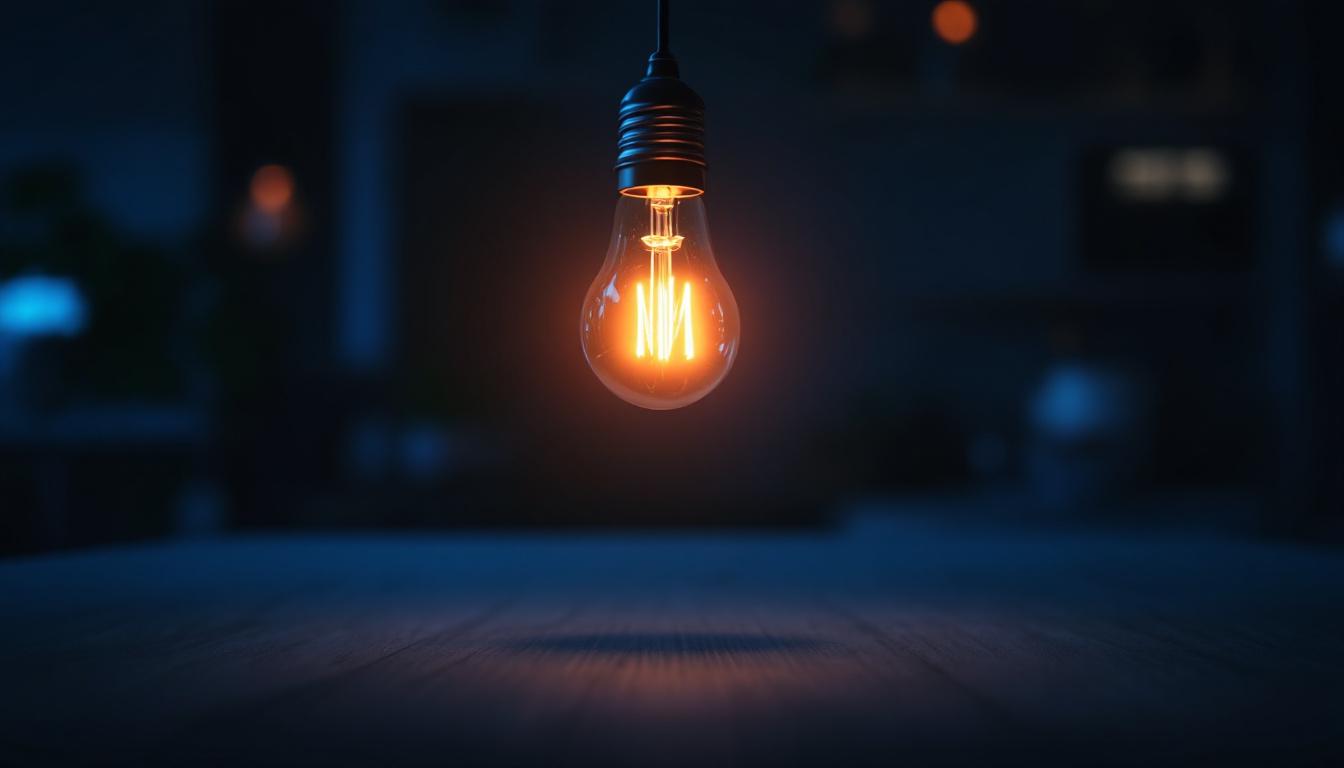 A photograph of a glowing incandescent light bulb in a dimly lit setting