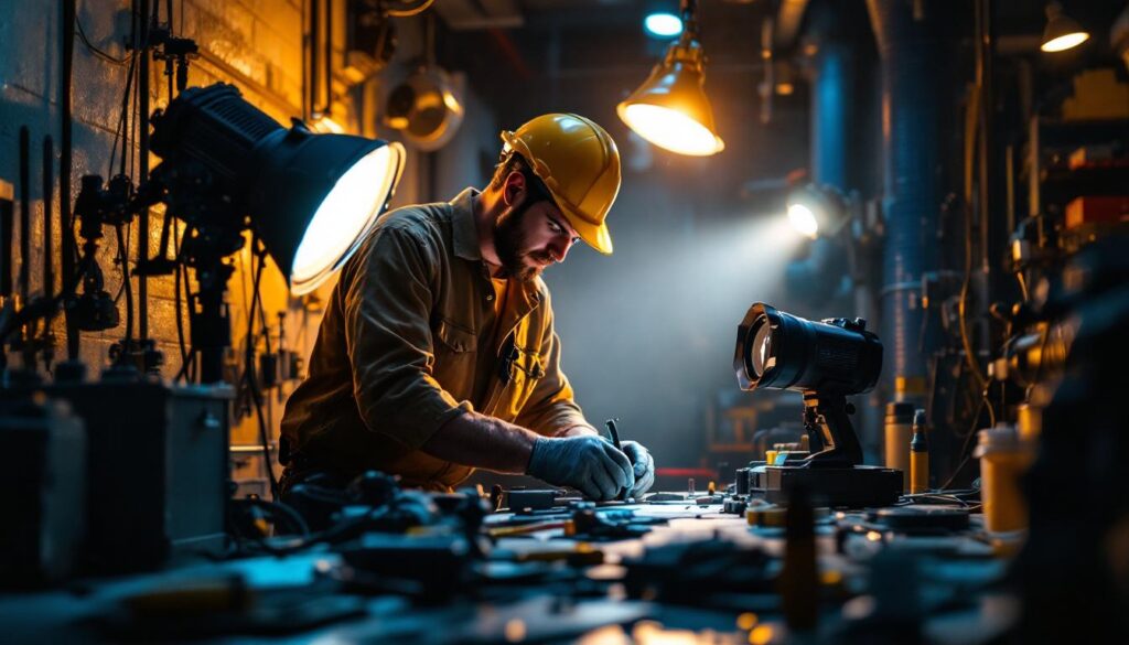 A photograph of a lighting contractor working on a project