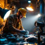 A photograph of a lighting contractor working on a project