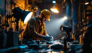 A photograph of a lighting contractor working on a project